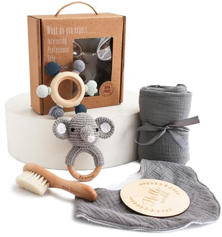 Baby Geschenk Mädchen,(kann graviertund gesegnet werden) Neugeborenen Geschenk zur Geburt Babyparty Geschenk Holz Spielzeuge Greiflinge Badetuch Meilenstein Babydecke Foto Requisten (Elefanten)