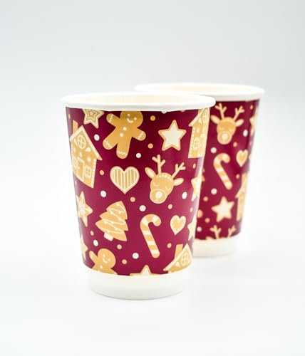 12oz Christmas Gingerbread Paper Cups Insulated Disposable Takeaway Paper Cups for Hot Drinks Tea Coffee (100)
