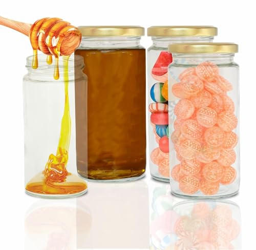 KWARE Airtight 380ml Round Small glass jars with lids| Gold Lids| Preserving Glass Jam Jars For food herbs, Jam, spices, sauces, Curds and More (Pack Of 6) (380ml jar)