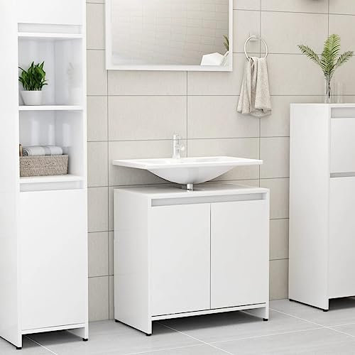 Homvdxl Modern Under Sink Bathroom Cabinet, 2 Doors Free Standing Sink Storage Unit for Washbasins without Pedestal 60x33x61 cm, White High Gloss