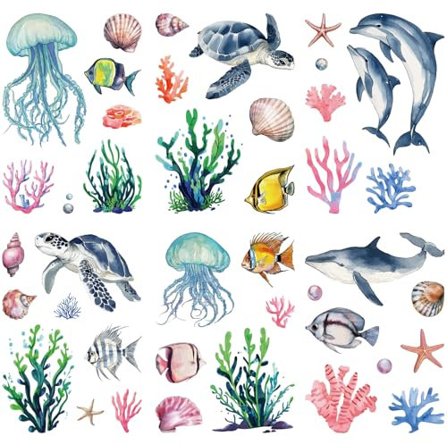 CRASPIRE 8 Sheets Ocean Animal Window Decals Sea Life Whale Turtle Fish Jellyfish Coral Wall Stickers PVC Waterproof Self-Adhesive for Nursery Home Decor Bedroom Bathroom