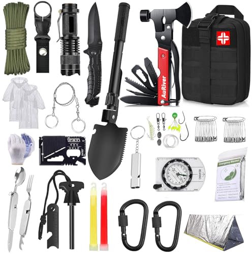 AuRiver Kit de Supervivencia, Equipo de Emergencia, Kit Supervivencia con Hacha de Martillo Multifuncional, Kit de Emergencia para Viajar Caminar Acampar al Aire Montaña (Negro)