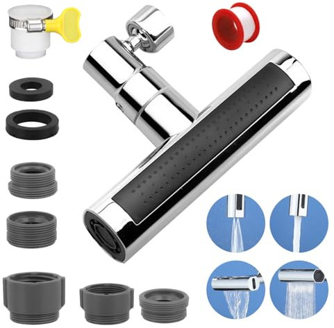 Rallonge de Robinet, Robinet de Cuisine Cascade Pivotant à 360°, Multifonction 4 en 1 Robinet de Cuisine, ABS/Cuivre Robinet, pour la Cuisine et la Salle de Bain (Argent)