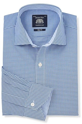 THE SAVILE ROW COMPANY LONDON Men's Slim Fit Poplin Single Cuff Formal Shirt, Navy Gingham Check, 17