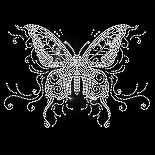 ANATTASOUL White Iron on Rhinestone Transfers Butterfly Glitter Diamante Patch Sequin for Clothes, 11.6x8.2 Large Bling Hotfix Iron On Applique for Clothing Hoodies Dress Shirt DIY Decor Gifts