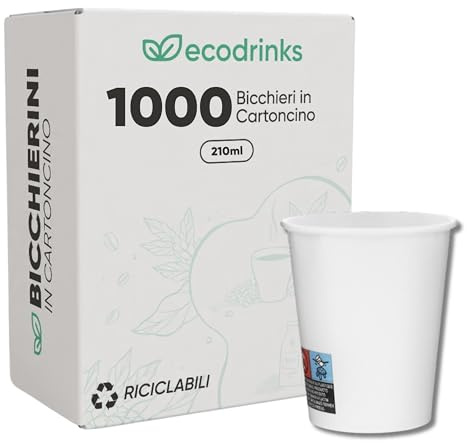 ecodrinks - 1000 Bicchieri Carta Bianco da 210ml - Per Acqua, Cocktail, Bevande Calde e Fredde - Biodegradabili, Eco-friendly e Made in Italy