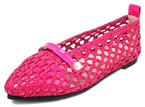 LarDorLin Plates Femme Pointu Confort Dolly Chaussures A Enfiler Eté Creux Décontractée Ballerine Loafer Tresser Rose-Rouge Taille 41 EU (43 CN)