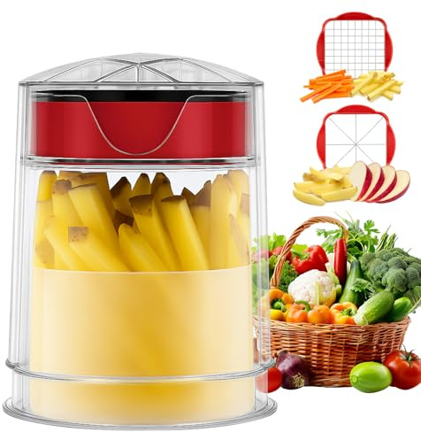 GOHHME Chip Cutter, Stainless Steel Potato Chipper Fast Cutting with 2 Cutters, Safe French Fry and Fruit Wedger Cutter Box for Cucumber, Carrot, Salad Vegetable Chopper with Cleaning Brush
