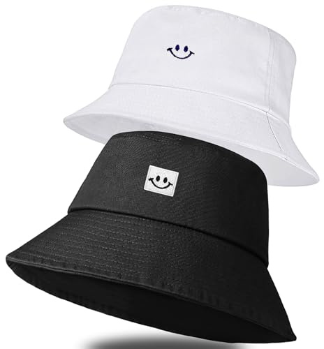 FLZONHUT Fischerhut Herren Damen,2 Stück Sonnenhut Bucket Hat,Faltbar Baumwolle Buckethut,Unisex Freizeithut Outdoor Sommerhut für Camping Reisen Angeln Wandern(Schwarz und Weiß)