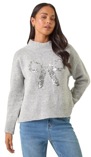 Roman Petite Sequin Bow Knit Jumper for Women UK - Ladies Everyday Autumn Winter Round Neckline Comfy Soft Evening Vacation Work Party Night Out - Petite Sparkly Grey - Size 14