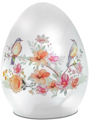 formano LED Deko Ei Glas 15 cm Satiniertes Glas mit Buntem Vogel- & Blumenmotiv, Timer 6h/18h, batteriebetrieben (3× AA), stimmungsvolles Ambientelicht für Frühling, Ostern & Wohnraum
