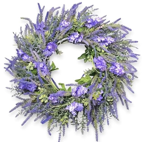 Künstlicher Lavendelkranz 60 cm für die Haustür - Frühlingskranz & Sommerkranz mit lila Blüten & grünen Blättern - Rustikale Wanddeko im Landhausstil für Außen & Innen - Violett