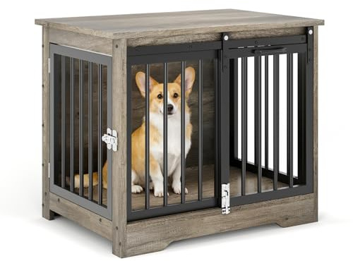 Heavy Duty Wooden Dog Crate Furniture - 32 Inch Indoor Kennel Cage with Sliding Barn Doors & Wheels - Chew-Resistant, Lockable Double Door, Side Table Design for Medium & Large Dogs - Gray