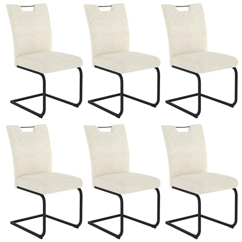 JIEXI Esszimmerstühle 6er Set Beige, Schwingstuhl Stühle Esszimmer | Freischwinger Stühle, Küchenstuhl hohe Rückenlehne, dickem Sitzkissen, Metallkufen stabil, bis 113 kg für Essbereich, Küche