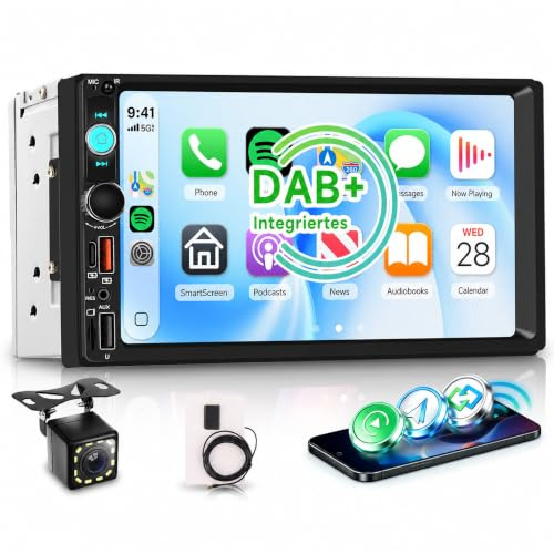 Rimoody DAB/DAB+ Autoradio 2 Din con Senza Fili Carplay, 7 Pollici 2 Din Radio Auto con Schermo HD con Bluetooth, FM/RDS, EQ, Type-C Comandi al Volante Telecamera Posteriore