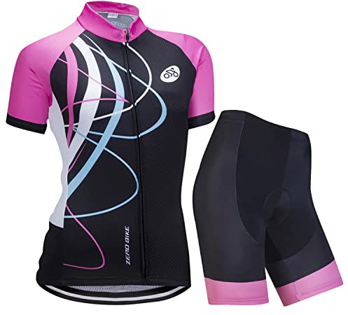 Donne Ciclismo Traspirante ad asciugatura Rapida Maglie Set, Jersey Ciclo Manica Corta Giacca + 3D Cuscino Imbottito Stretto Pantaloncini Pantalone, S, Rosa al Galoppo