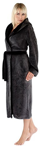 LEVERIE Lunga vestaglia invernale donna in pile con cinturino e tasche, Mod. 1 grigio scuro/nero, M