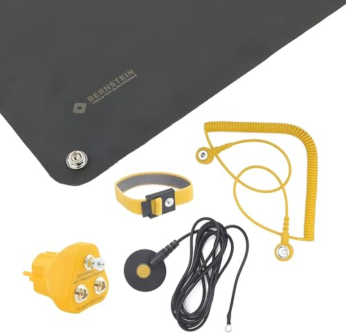 BERNSTEIN ESD Personenerdung Set 5-tlg | ESD Handling Set | ESD Matte (500x400x0,5), ESD Armband, 2 Kabel, Erdungsstecker | Antistatik Matte