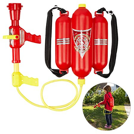 Relaxdays 10 x Feuerwehr Wasserspritze, 2,5 l Wassertank, 5 m Reichweite, 2 Sprühfunktionen, Löschrucksack Kinder, rot-gelb