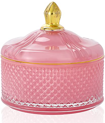 EVEREST GLOBAL European Crystal Glass Storage Jar Candy Bowl with Cover Sugar Cans Diamond Candy Box Jewelry Storage Jar Kitchen Storage Jar (Pink)