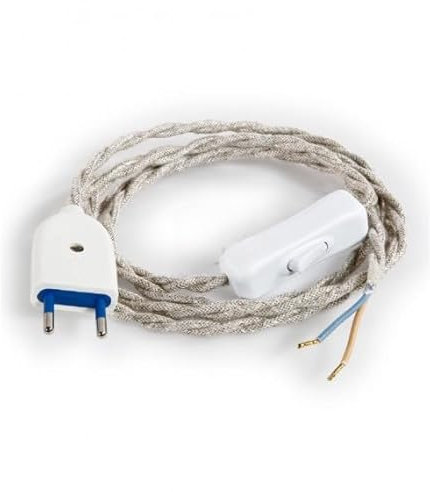 LnD - Câble Électrique d'Alimentation Pré Monté Torsadé en Lin Clair avec Prise et Interrupteur - Fils Dénudés - Fiche Mâle - Pour Luminaires et Lampes - Lin Couleur Clair