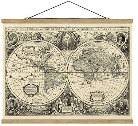 Stoffbild mit Posterleisten - Vintage Weltkarte Antike Illustration 75cm x 100cm Eiche