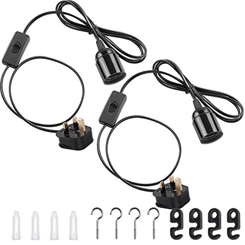 DiCUNO E27 Lampholder, Pendant Light Ceiling Lighting Fitting, Suspended Pendant Light Fitting Kit, Black, 2M, 2Packs