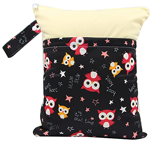 Treer Wetbag Stoffwindeln, Windeltasche Nasstasche für Unterwegs, 1 Stück Groß Wasserdichte Cartoon Tierdruck Organiser Beutel mit Reißverschluss, Kinderwagen Hängetasche (Schwarze Eule)