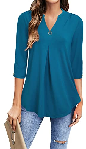 Gaharu 3/4 Ärmel Elegante V-Ausschnitt Blusentops Festlich Hemden Business Baumwollblusen Damen T Shirt Lang Sommershirt Frauen Modern Lässige Women Mode Frühling Baumwolle Slim Fit Dunkler Cyan, XL