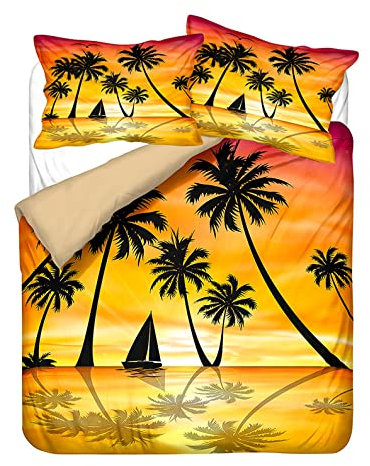 2/3 Stück Sommer Strand Bettbezug-Set mit Reißverschluss Herren Damen Begonie Palme Boot Seestern Bettwäsche gemütlicher Polyester Bettbezug mit Kissenbezug 50x75 cm (Orange,220 x 240 cm)
