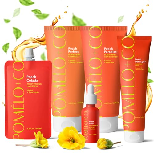 Pomélo+Co. Peach Everything: Haarmaske, Shampoo, Conditioner, Gloss + Detangler – feuchtigkeitsspende Haarpflege für trockenes Haar – veganes* Set für geschädigtes Haar