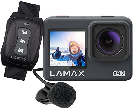 Lamax X9.2 Action Cam 4K 16MP 60 fps WiFi, 40 m Wasserdicht, Beste MAXsmooth Stabilisierung, 1,3″-Display auf der Vorderseite, Unterwasserkamera, 22 Zubehör Kit, Fernbedienung, Externes Mikrofon