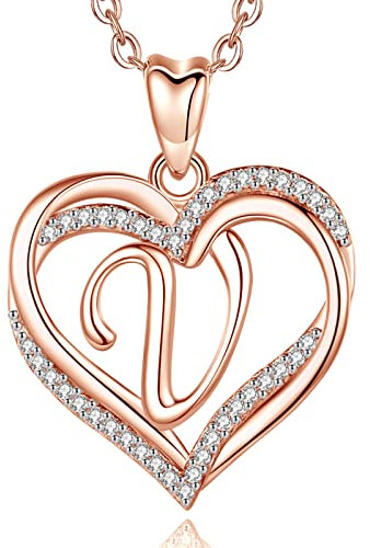 INFUSEU Collana Iniziale, Doppio Cuore V Oro Rosa Ciondolo Lettera Catena da 20 Pollici Cubic Zirconia CZ Gioielli Personalizzati Per Donne Donne Signore