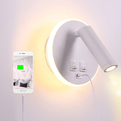TWSXTE Nachttischlampe schwenkbar USB-Aufladung Wandleuchte Schlafzimmer Strahler Schlafzimmer Licht zum Lesen 3000K (3W + 9W)