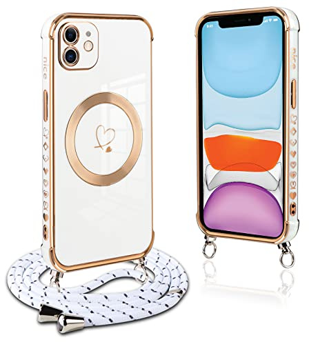 Pnakqil Coque Magnétique pour iPhone 11 Con Cordon, Compatible avec MagSafe, Silicone Housse avec Motif Coeur d'amour Réglable Collier Lanyard, Antichoc et Anti-Chute Etui pour iPhone 11 6.1, Blanc