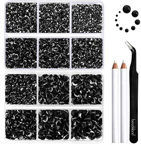 Beadsland 8300PCS Flatback Rhinestones, Black Rhinestone Nail Gems Round Crystal Rhinestones for Crafts, Mixed 10 Sizes with Wax Pencil and Tweezer Kit, SS3-SS30, Jet Black