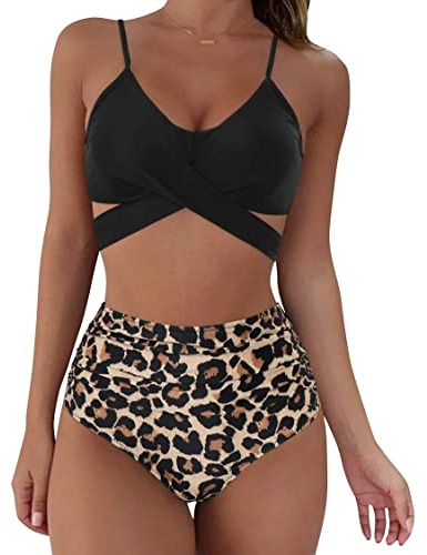 RXRXCOCO Damen Wickel Push Up Bikini Oberteil mit Bauchweg High Waist Bikini Set Bademode Schwarzes Leopardenmuster Size L