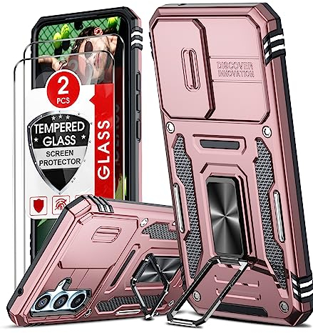 LeYi Coque pour Samsung A54 5G Protégé Camera: 2 Verre Trempé,Lentille Coulissante Couverture+Anneau Support, Étui de PC Dur et TPU Silicone Housse Protection Coque Galaxy A54 Antichoc Béquille-Rose