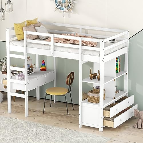 FEZTOY Kinderbett Hochbett mit Schreibtisch und Ablagefächern, Etagenbett mit 6 Schubladen und Bücherregal Spielbett, Stockbett, Holzbett, Bettgestell, Jugendbett (Weiß-140x200)