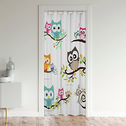 Loussiesd Cartoon Owl Türvorhang 132x203cm für Tür Kinder Cute Tier Floral Blatt Druckene Zimmer Vorhang Kawaii Vogel Branches Dekor Zimmer Zimmer Gardinen Cartoon Owls Design Weiß Zimmer Vorhänge