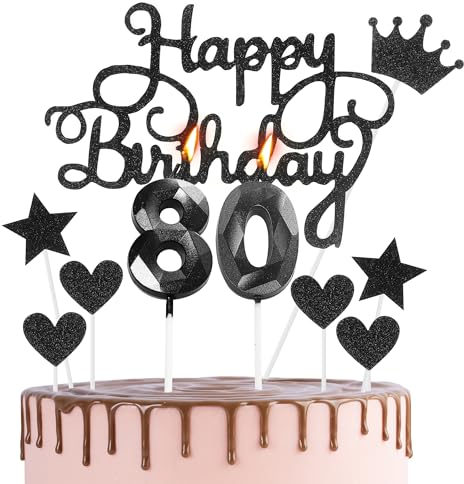 HONGCI Happy 80th Birthday Cake Topper & Birthday Candles Black Number 80 Candles for Birthday Cake - 80th Birthday Candles Cake Cupcake Topper Birthday Cake Decorations for Women Men Birthday Black