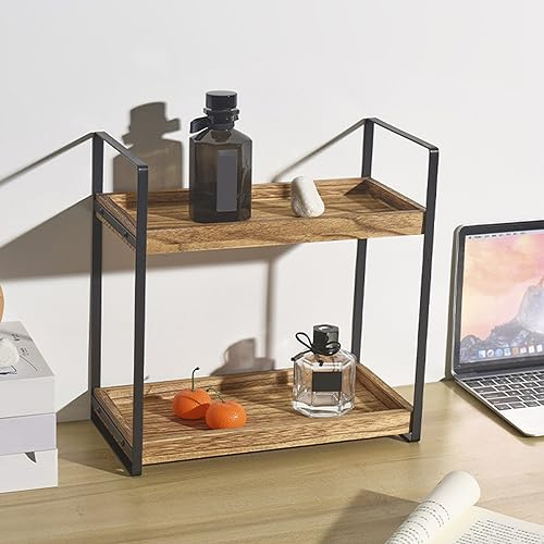 MENAYODA Desktop-Aufbewahrungsregal, Multifunktionales Holzregal mit Metallgestell, Schreibtisch-Organizer Zwei Ebenen, Küchenregal, Badezimmerregal, Kosmetikregal