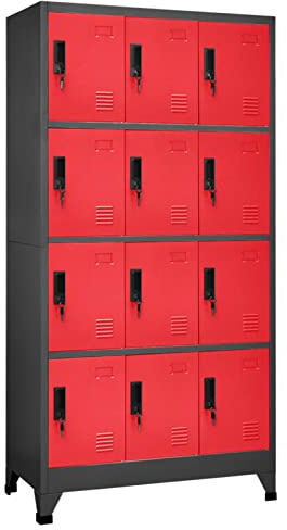 NITCA Armadietti Spogliatoio Metallici, Armadietto per Ufficio con 12 Scomparti e Serratura, Armadi Archivio in Acciaio, per Ufficio, Scuole e Palestra, Antracite e Rosso 90x45x180 cm