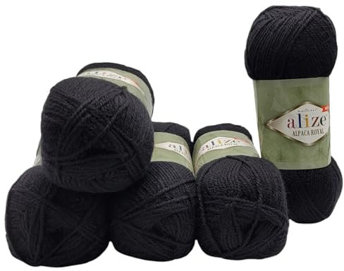 5 x 100 Gramm Ilkadim Export Alpaka Royal Strickwolle, 500 Gramm Strickgarn einfarbig mit 15% Alpakawolle (schwarz 60)
