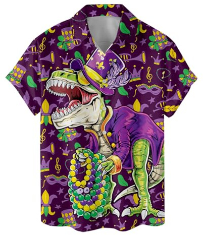 ACEPrints Herren Hawaii-Hemd, Dinosaurier Madi Gras, M, Violett, Kurzarm, Button-Down mit kubanischem Kragen, Entspannte Passform, Standardlänge