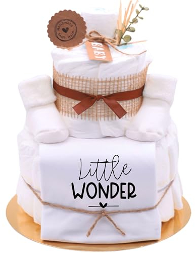 Trend Mama® | Sprüche Windeltorte Babybody Neutral Unisex | Baby Body und Kuschelsocken | Babygeschenk zur Geburt (MOTIV | Little Wonder, BABYBOY | 50-56)