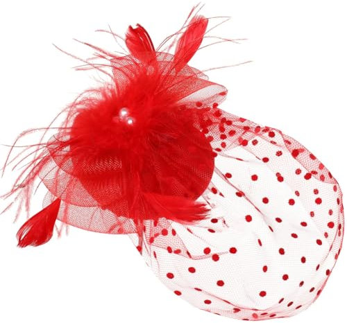 Generisch Fascinator Derby Hüte für Damen, 20er / 50er Jahre, Vintage-Stil, Pillbox, Feder, Blume, Fascinator mit Schleier, rot, Einheitsgröße