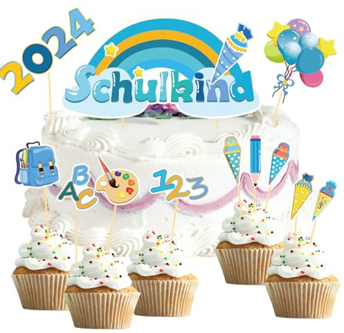 Schulanfang Tortendeko,Schulanfang Tortendeko Schulkind 2024 Füllung Schultüte,Zuckertüte Kuchen DekoBallon Tortenaufsätze Torten Cupcake Muffin Toppe,r 1. Schultag Schulanfang Party Deko (Farbe)