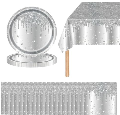 41 P Shiny Glitter Diamond Party Tableware Set with Silver Princess Plates, Napkins, Tablecloth, Sparkling Silver Paper Dinnerware for Birthday, Baby Shower, Wedding