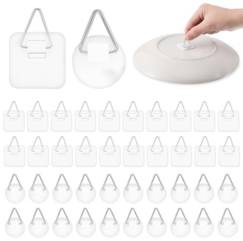 YUXIANLB 40 Pcs Wall Plate Hangers, Adhesive Picture Hangers, Plastic Hanging Hooks Without Nails, Vertical Plate Holder for Bathroom, Kitchen, Wall Art Decoration